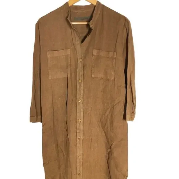 Enza Costa Linen Dress Bracelet Sleeve Shirtdress Brown NWOT L Midi